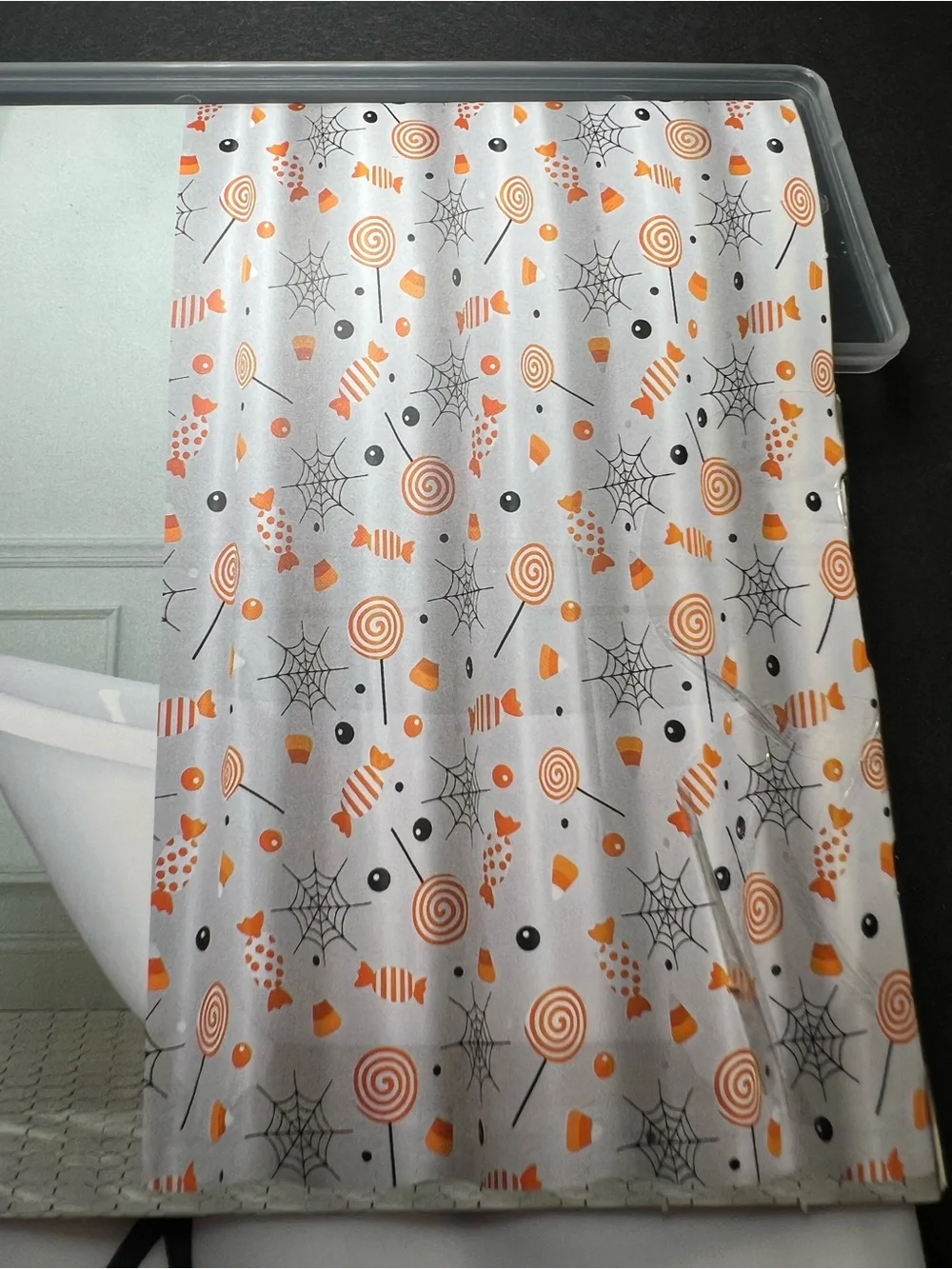 Halloween Peva Shower Curtain Orange Polka Dots Candy Corn Spiderwebs Grommets